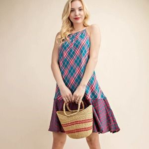Blue Mixed Plaid Print Peplum Dress